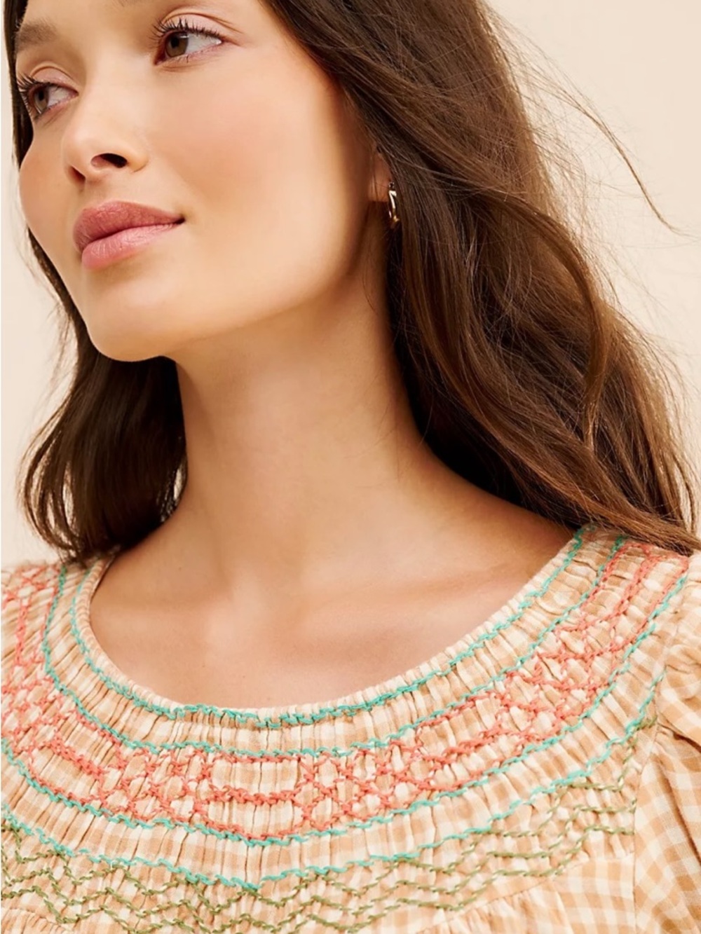 Free People Peach Gingham Smocked Mini Dress - Picture 3 of 5